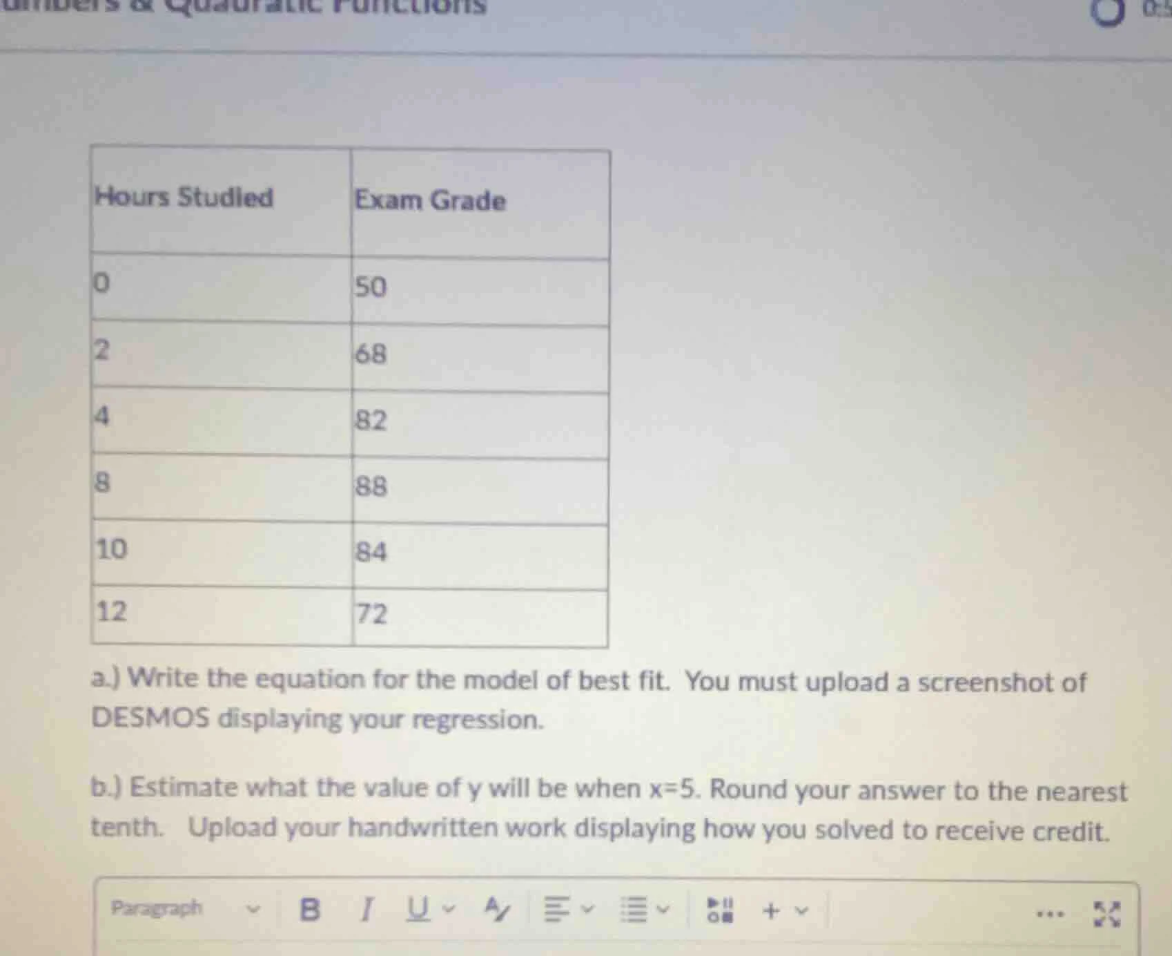 hours studied | exam grade 0 | 50 2 | 68 4 | 82 8 | 88 10 | 84 12 | 72 …