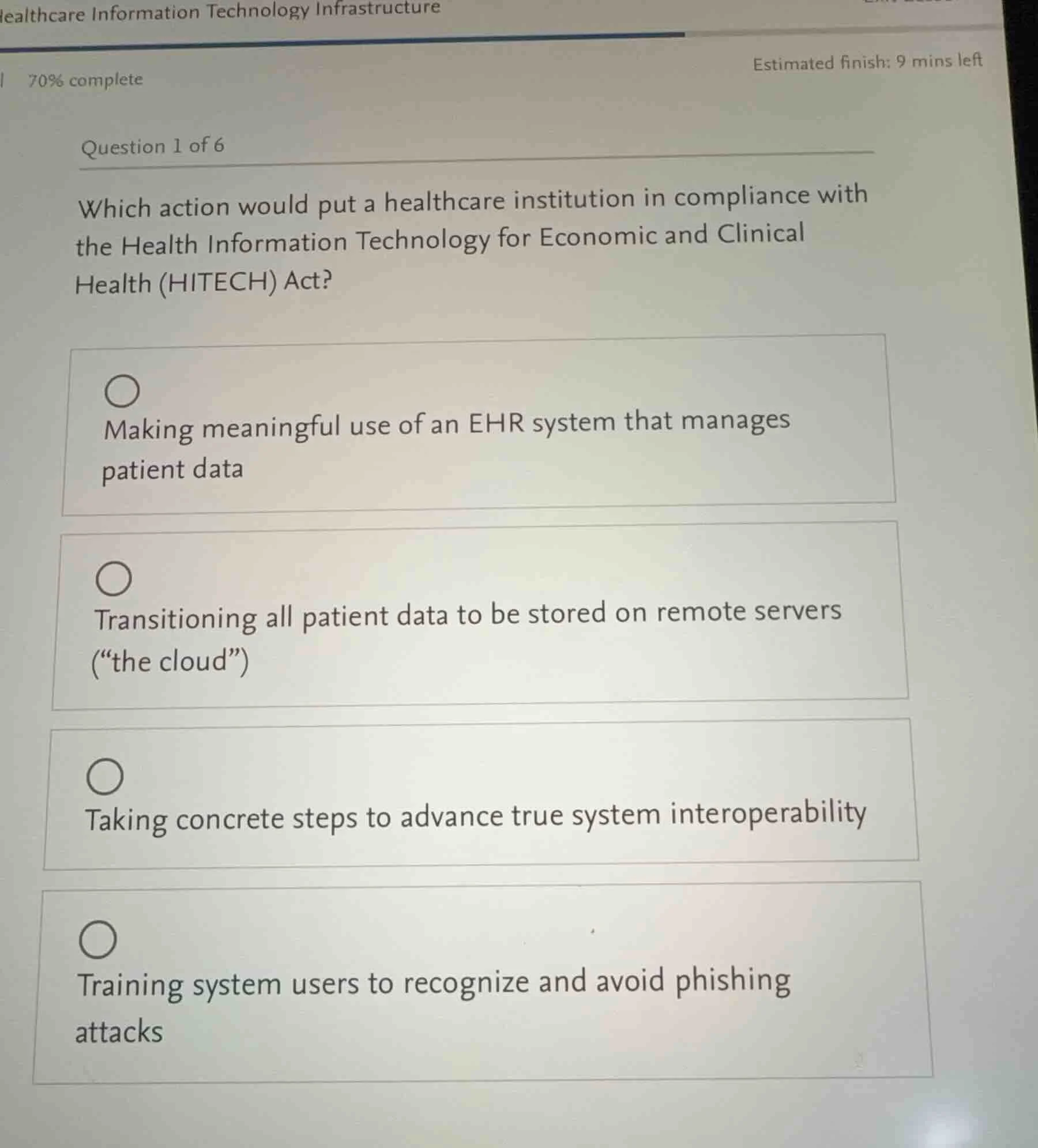 question 1 of 6 which action would put a healthcare institution in comp…