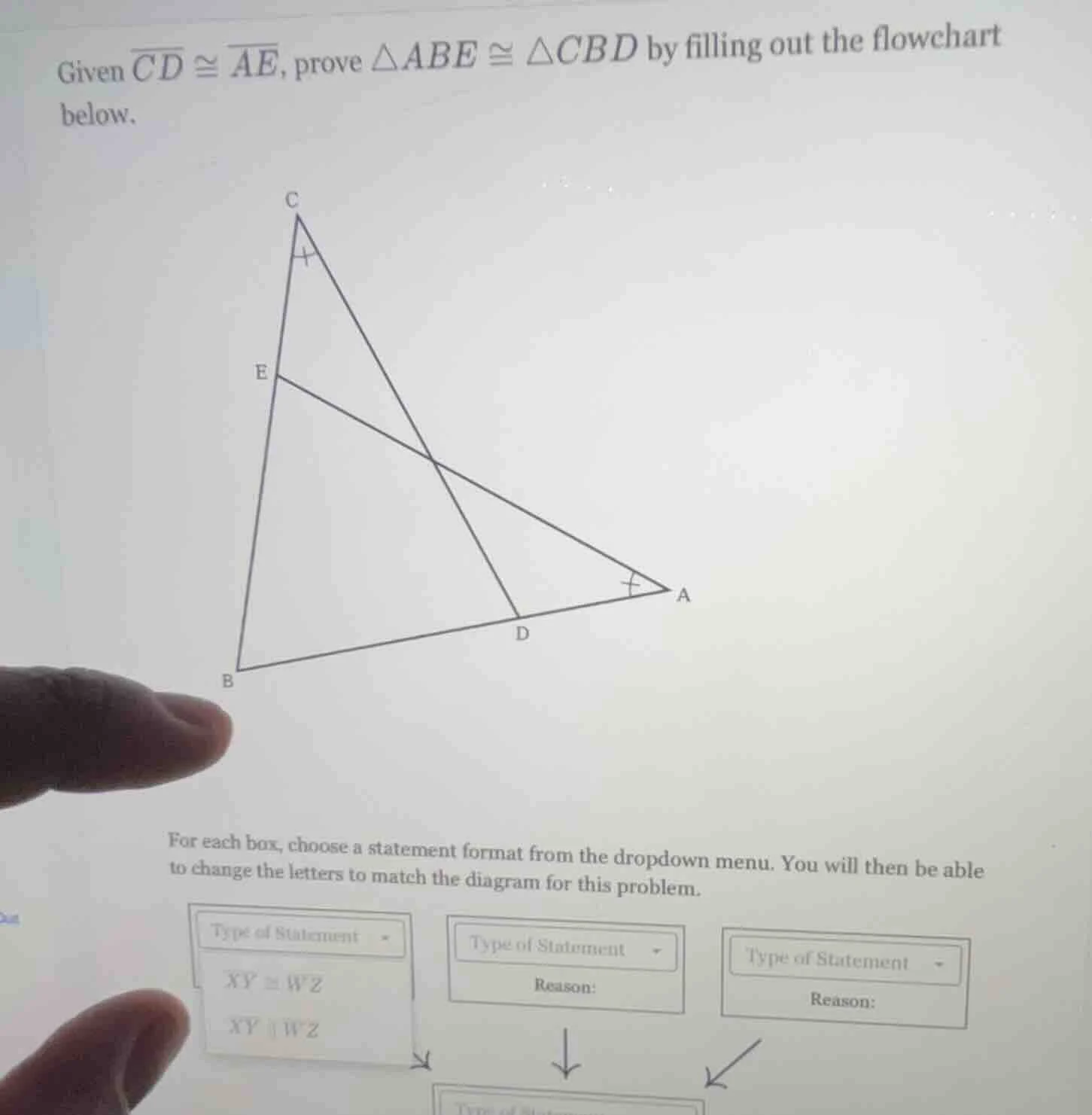 given \\(\\overline{cd} \\cong \\overline{ae}\\), prove \\(\\triangle a…