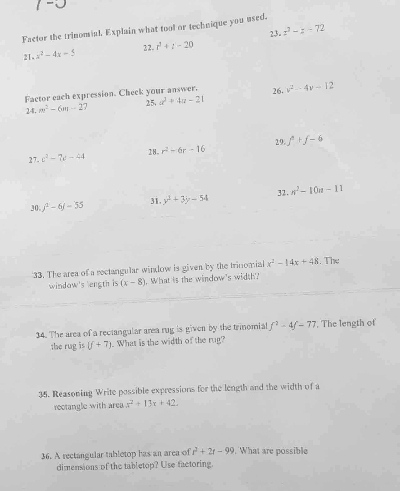 factor the trinomial. explain what tool or technique you used. 21. ( x^…