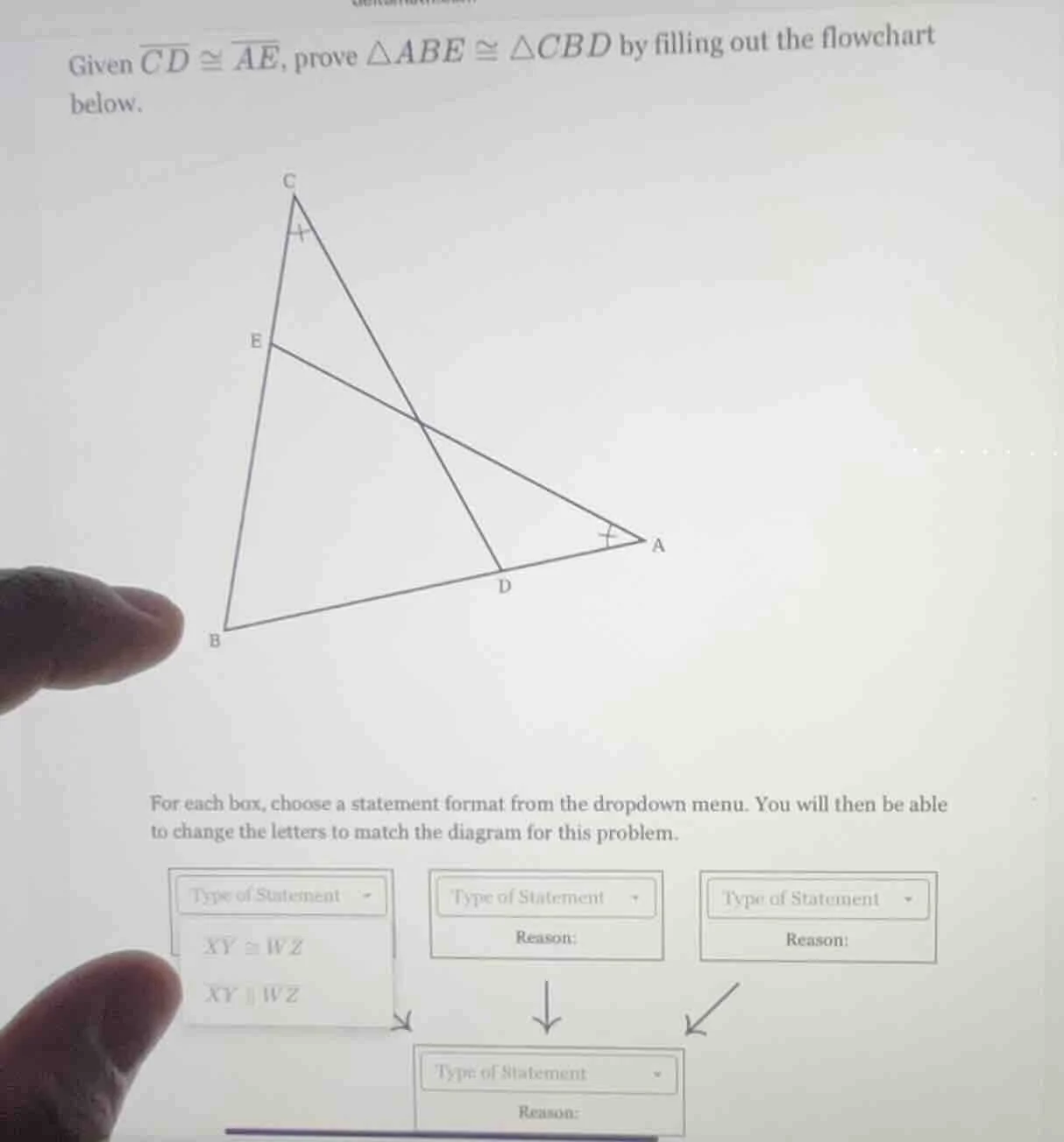 given \\(\\overline{cd} \\cong \\overline{ae}\\), prove \\(\\triangle a…