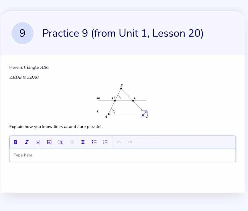 9 practice 9 (from unit 1, lesson 20) here is triangle abc $\\angle bde…