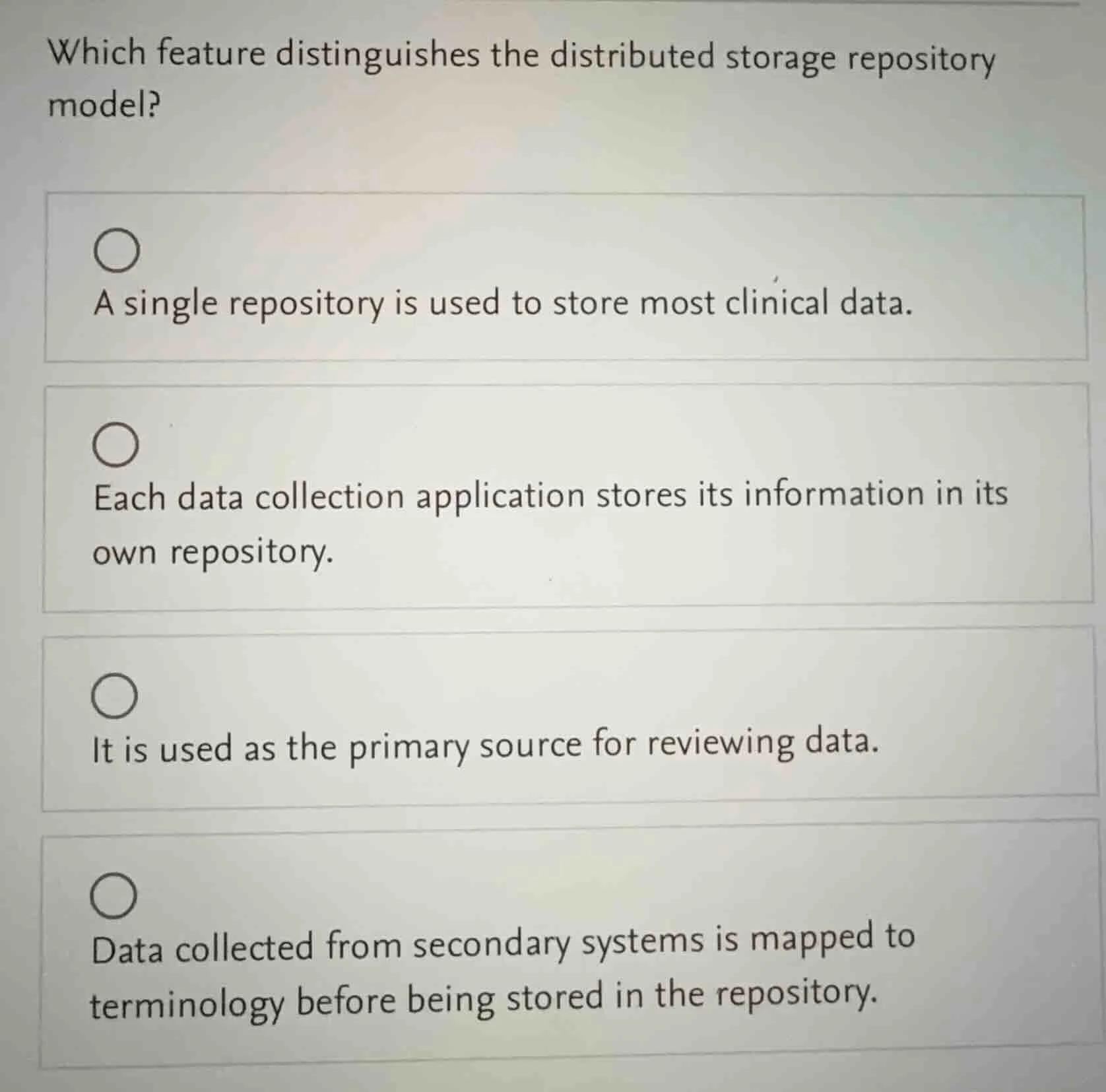 which feature distinguishes the distributed storage repository model? a…