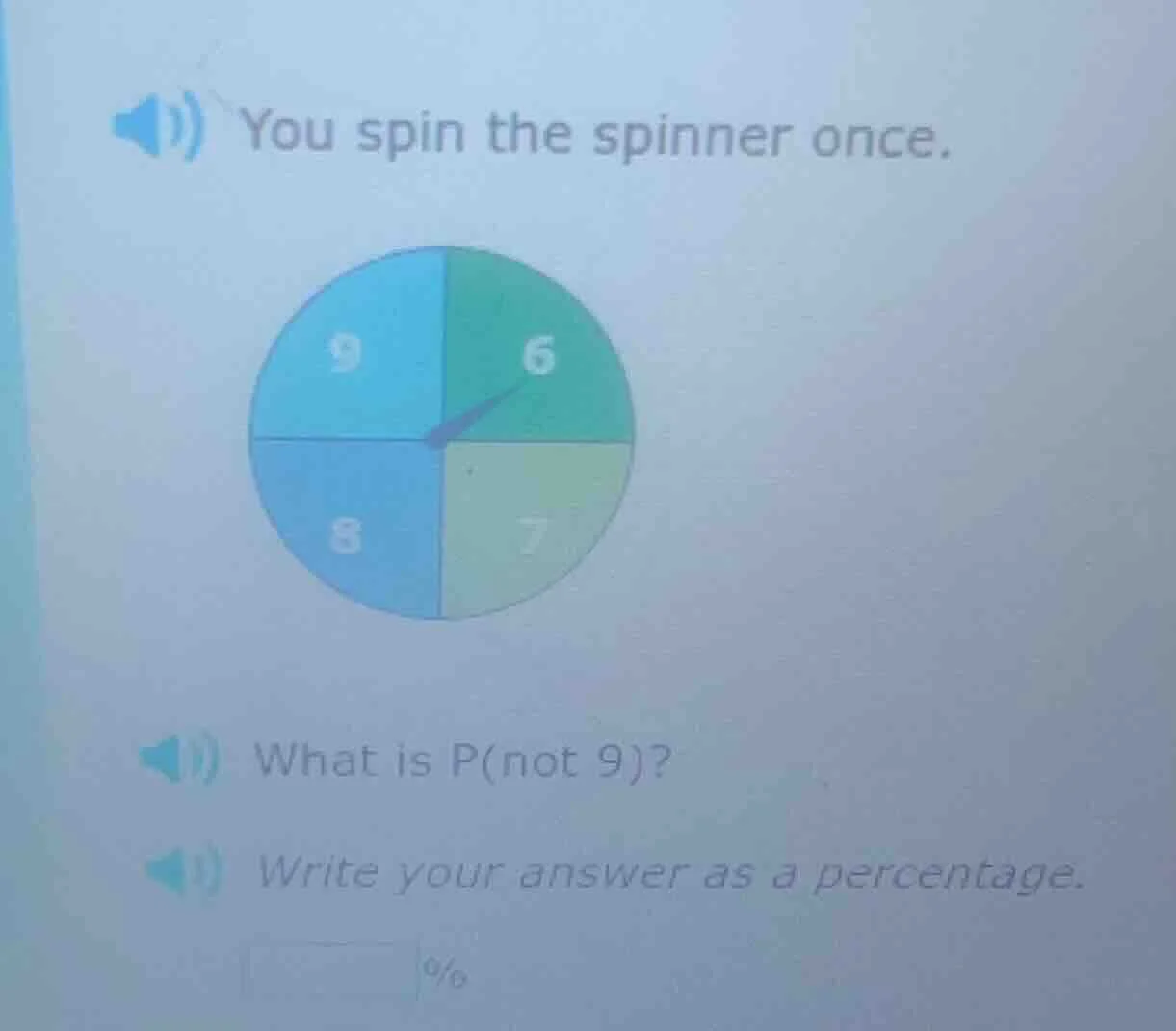 you spin the spinner once. what is p(not 9)? write your answer as a per…