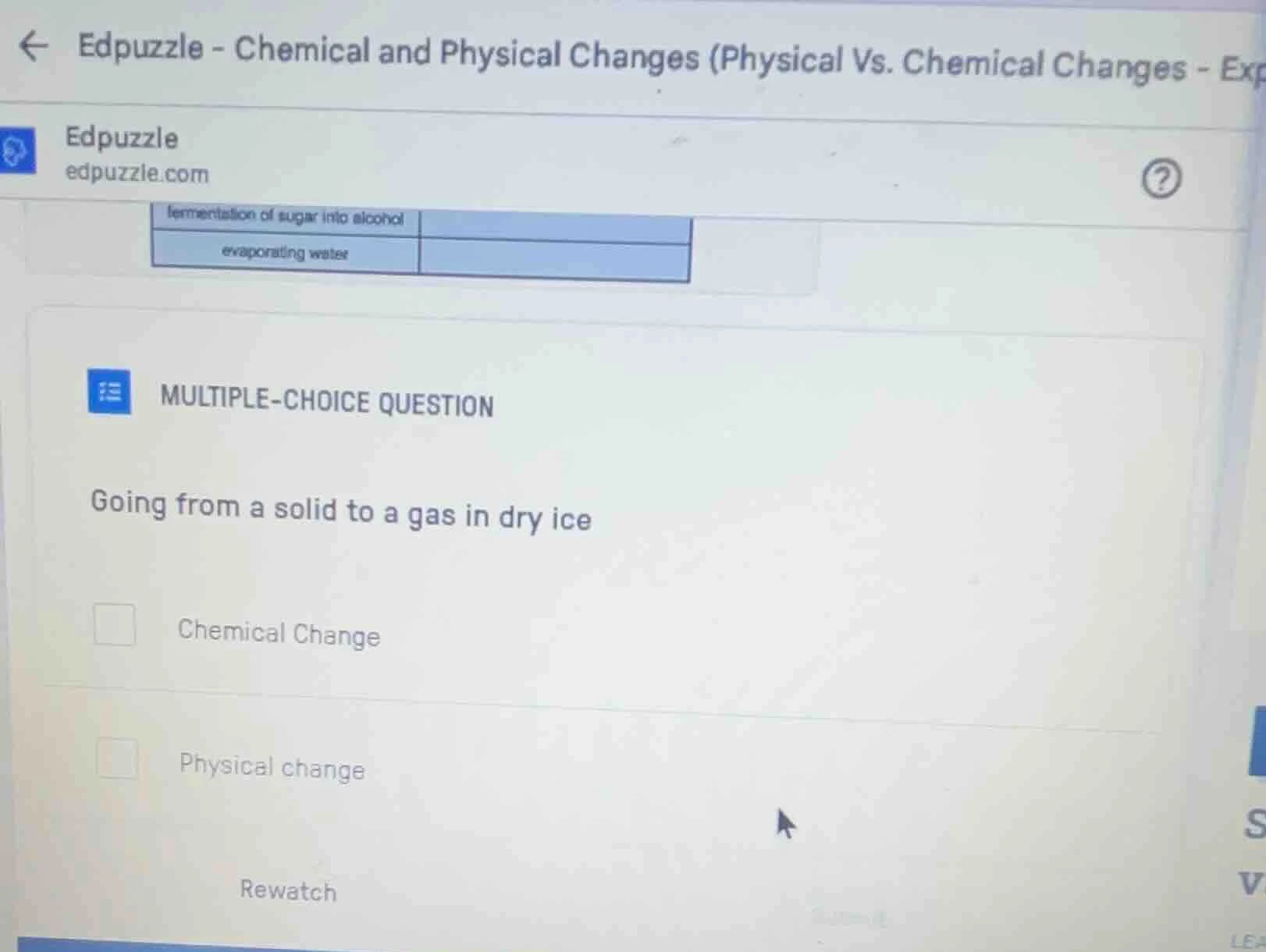 multiple-choice question going from a solid to a gas in dry ice chemica…