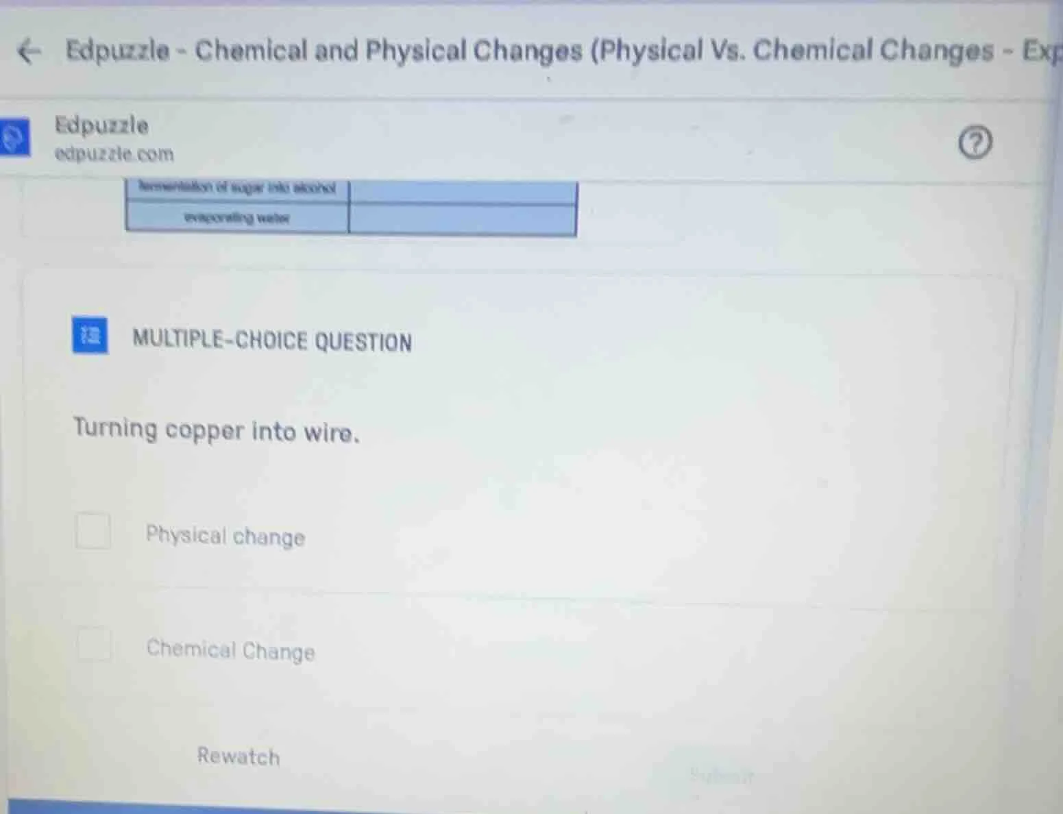 multiple-choice question turning copper into wire. physical change chem…