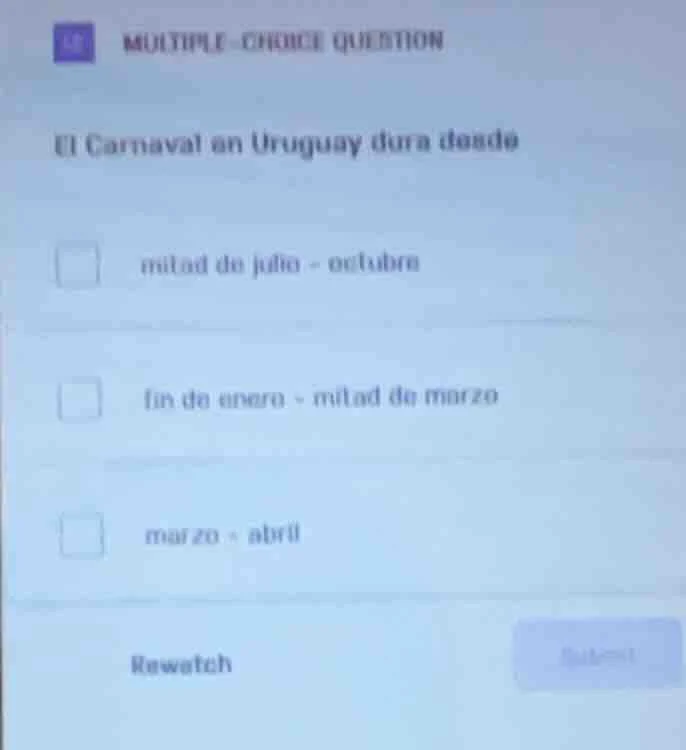 multiple-choice question el carnaval en uruguay dura desde mitad de jul…