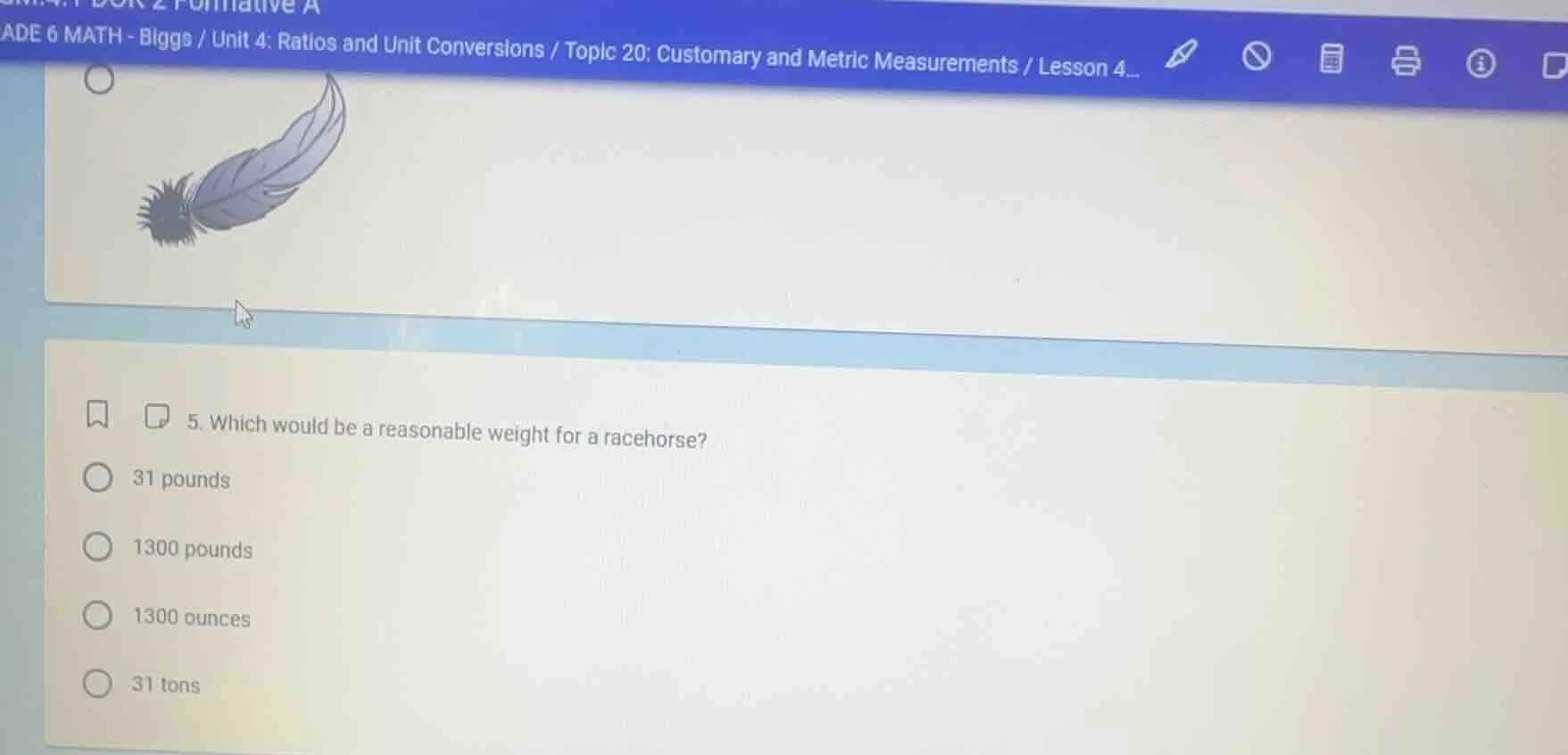 5. which would be a reasonable weight for a racehorse? 31 pounds 1300 p…