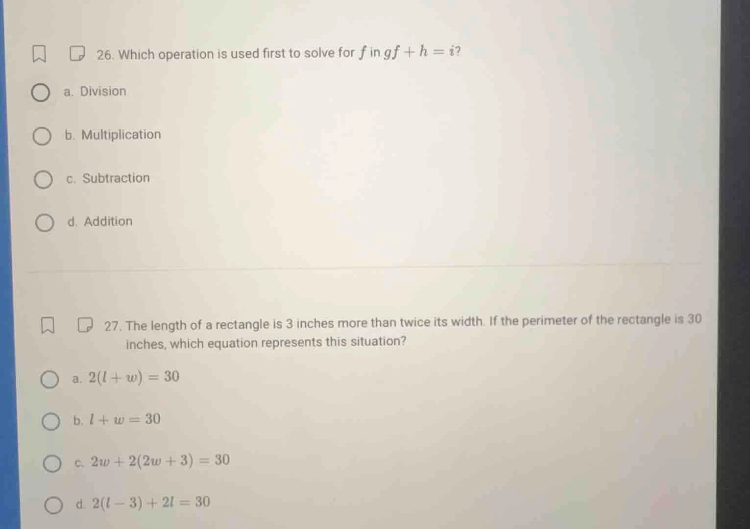 26. which operation is used first to solve for $f$ in $gf + h = i$? a. …