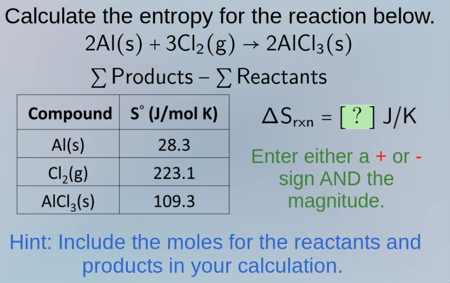 calculate the entropy for the reaction below. 2al(s) + 3cl₂(g) → 2alcl₃…