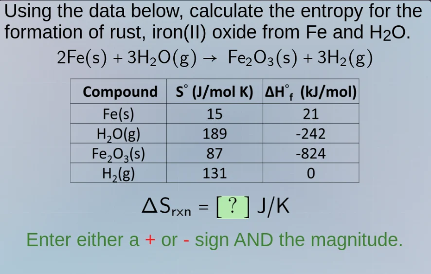 using the data below, calculate the entropy for the formation of rust, …
