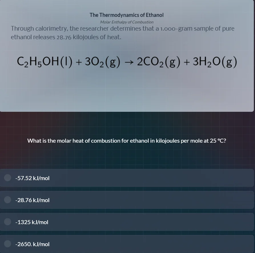 the thermodynamics of ethanol molar enthalpy of combustion through calo…