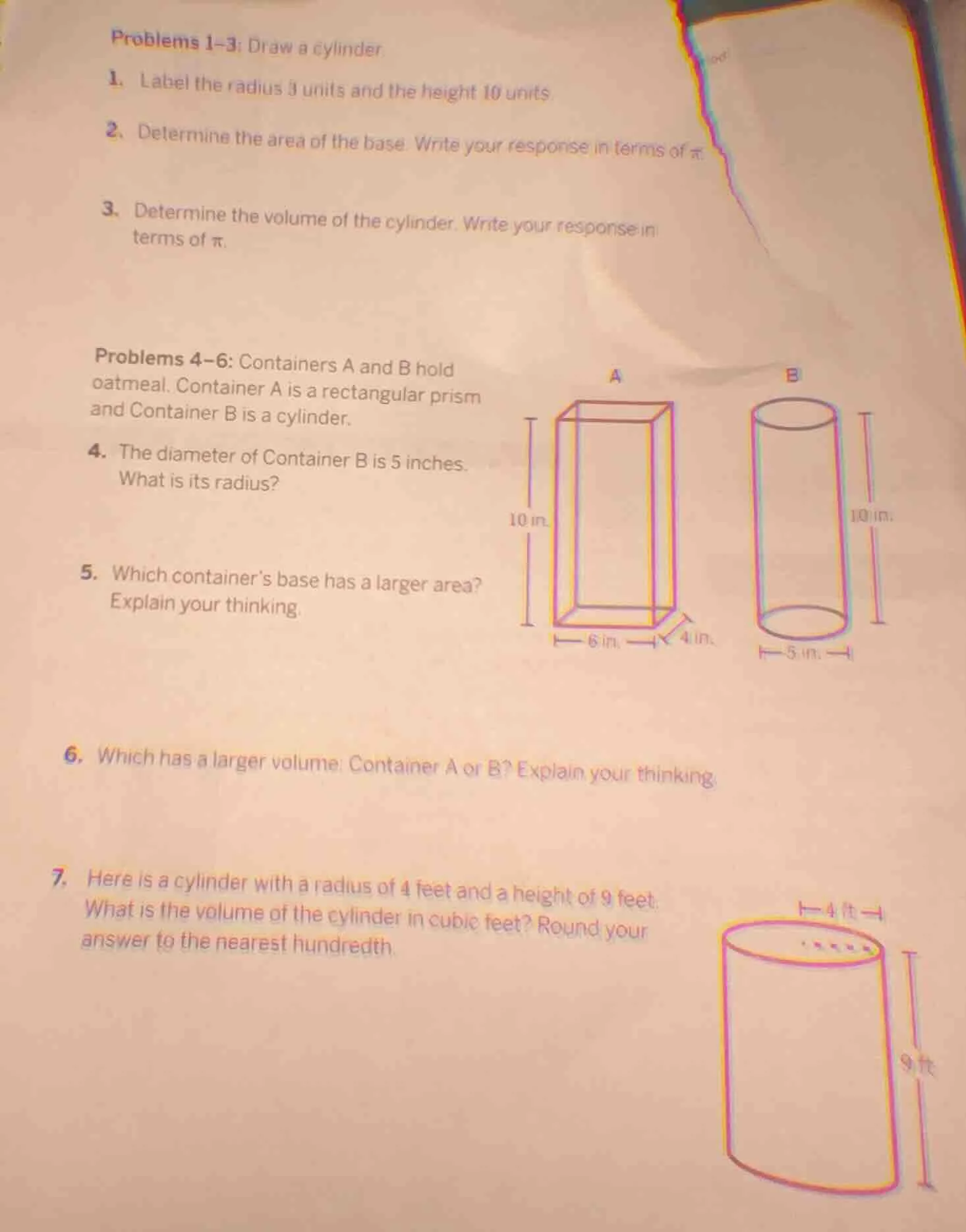 problems 1–3: draw a cylinder. 1. label the radius 3 units and the heig…