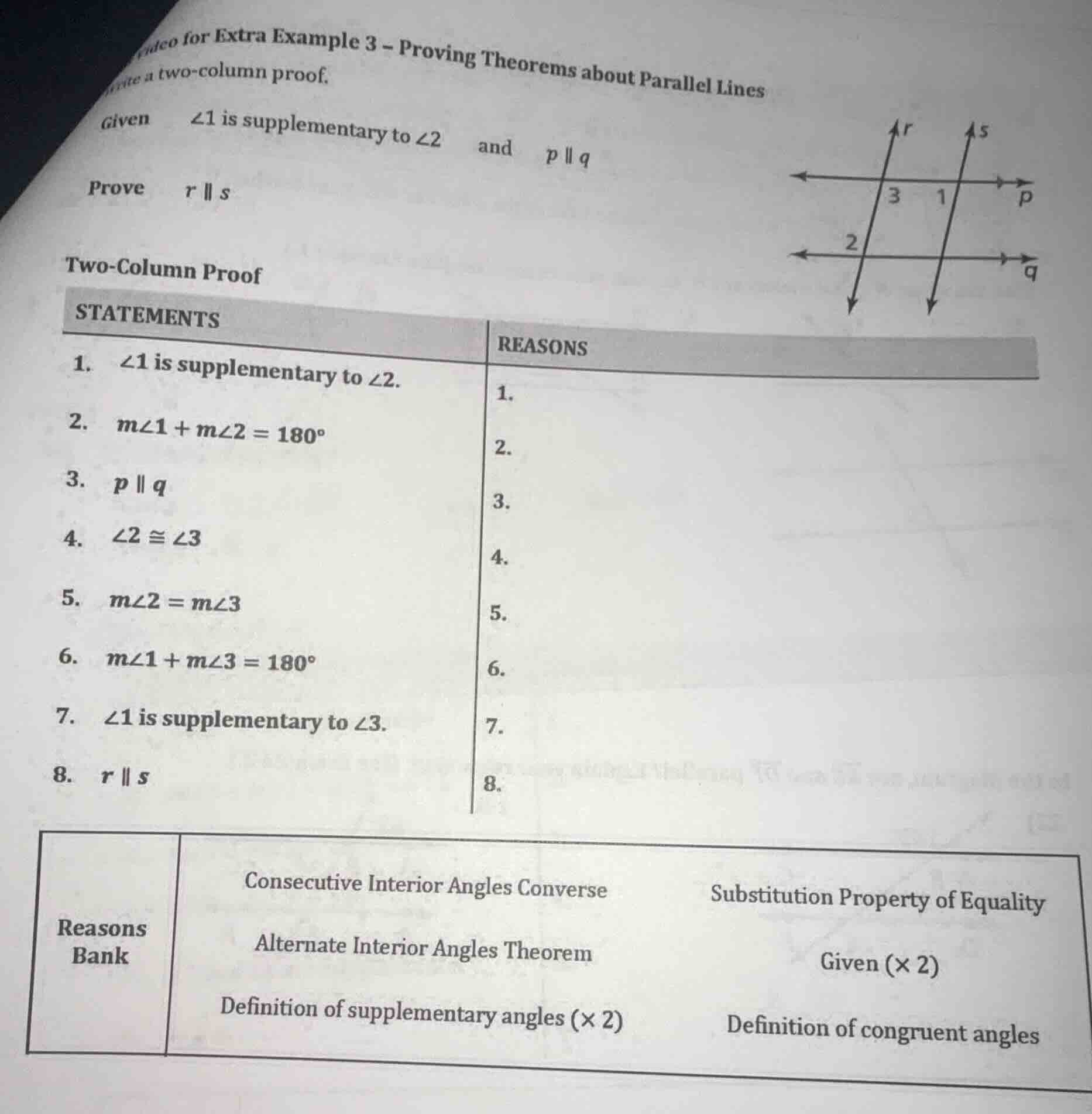 ideo for extra example 3 – proving theorems about parallel lines rite a…