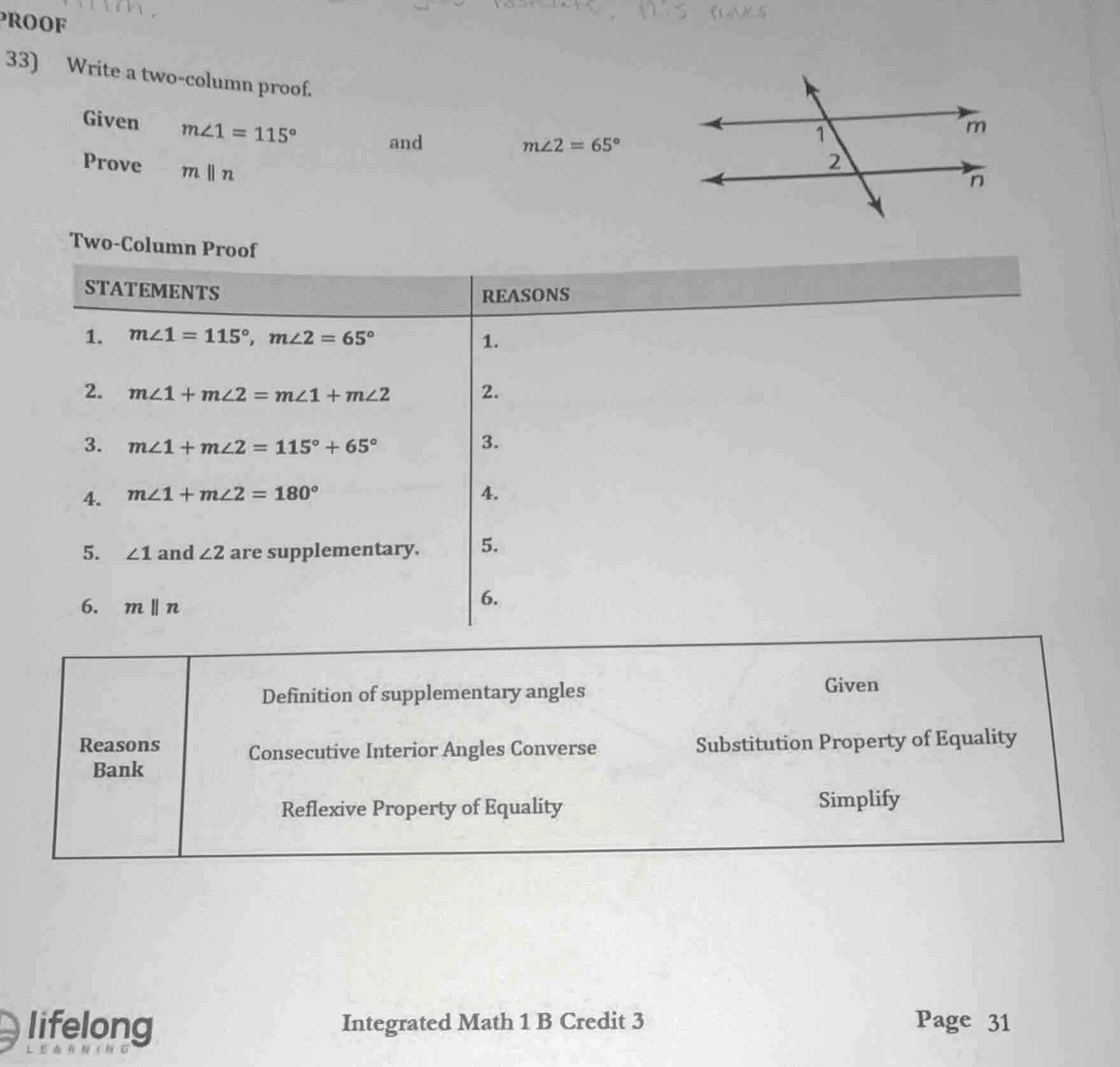 proof 33) write a two - column proof. given ( mangle1 = 115^{circ} ) an…
