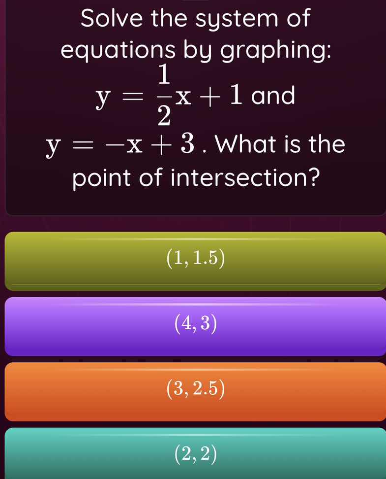solve the system of equations by graphing: $y = \\frac{1}{2}x + 1$ and …