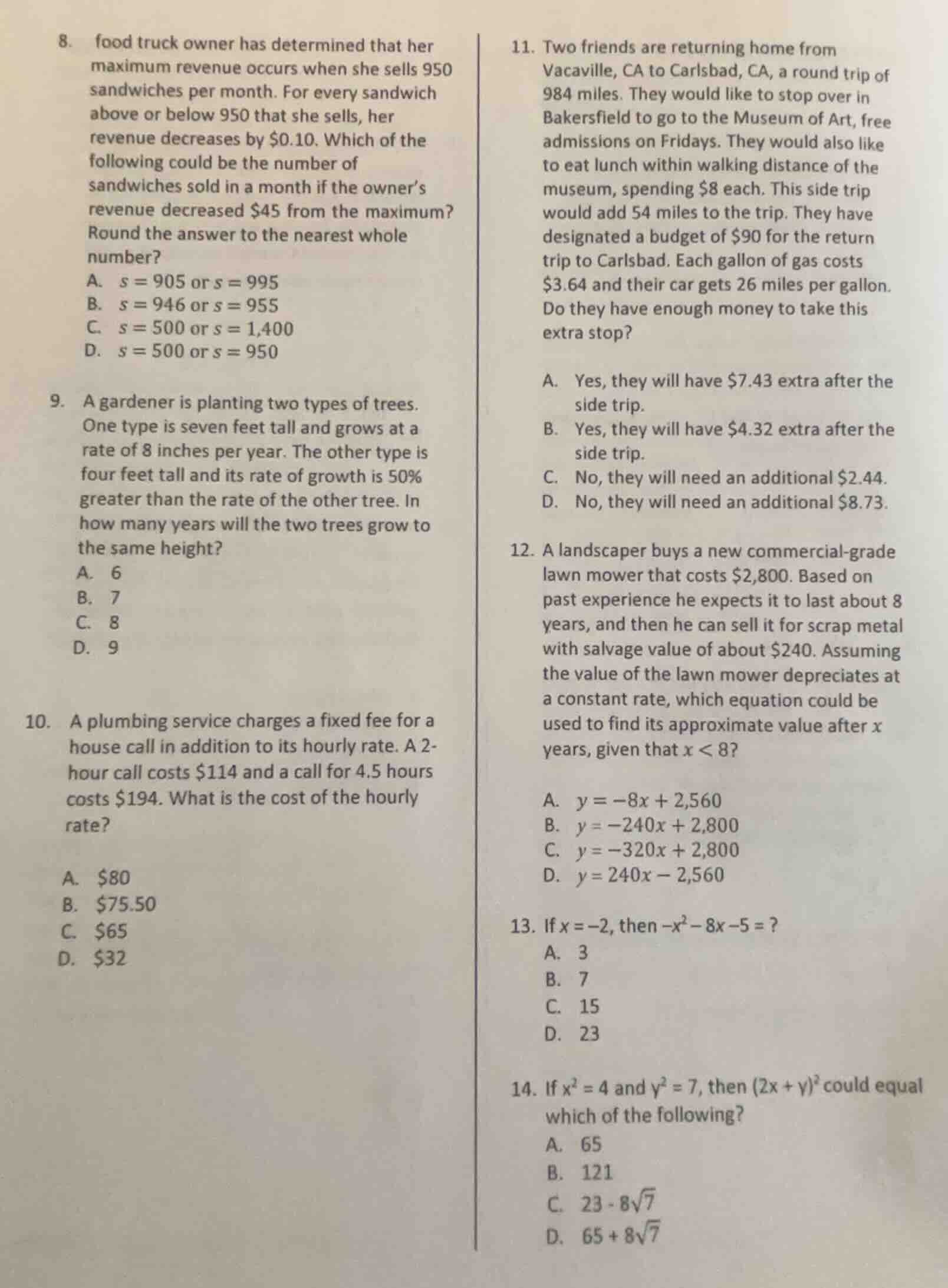 8. a food truck owner has determined that her maximum revenue occurs wh…