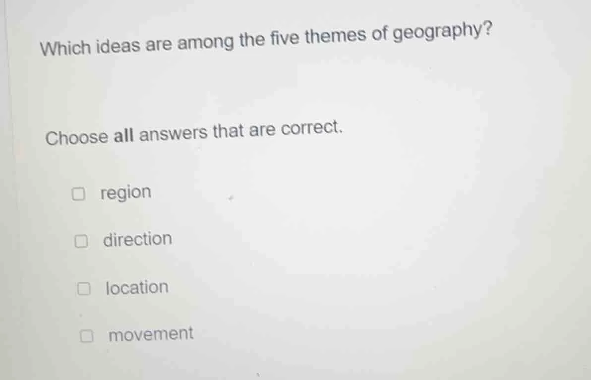 which ideas are among the five themes of geography? choose all answers …