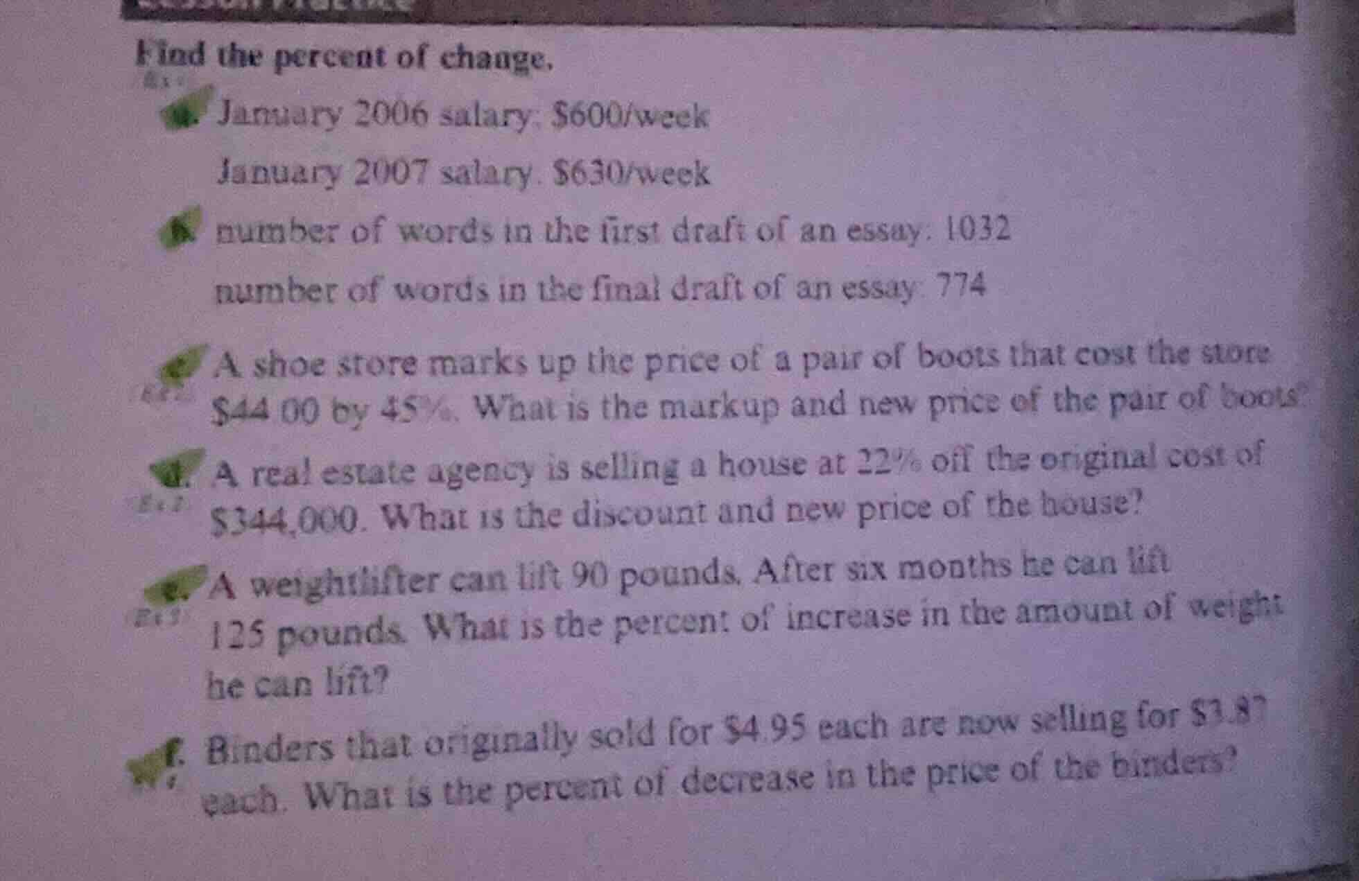 find the percent of change. 4. january 2006 salary: $600/week january 2…