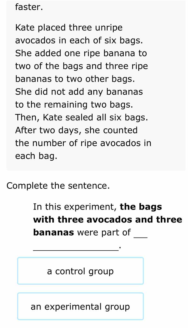 faster. kate placed three unripe avocados in each of six bags. she adde…