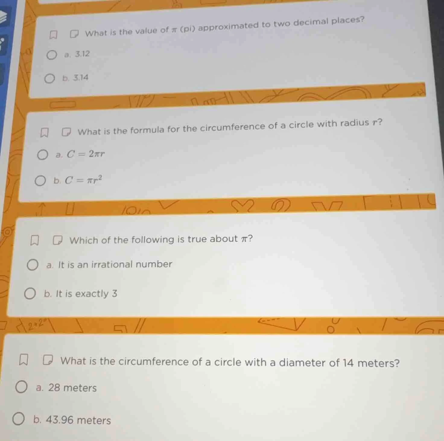 what is the value of π (pi) approximated to two decimal places? a. 3.12…