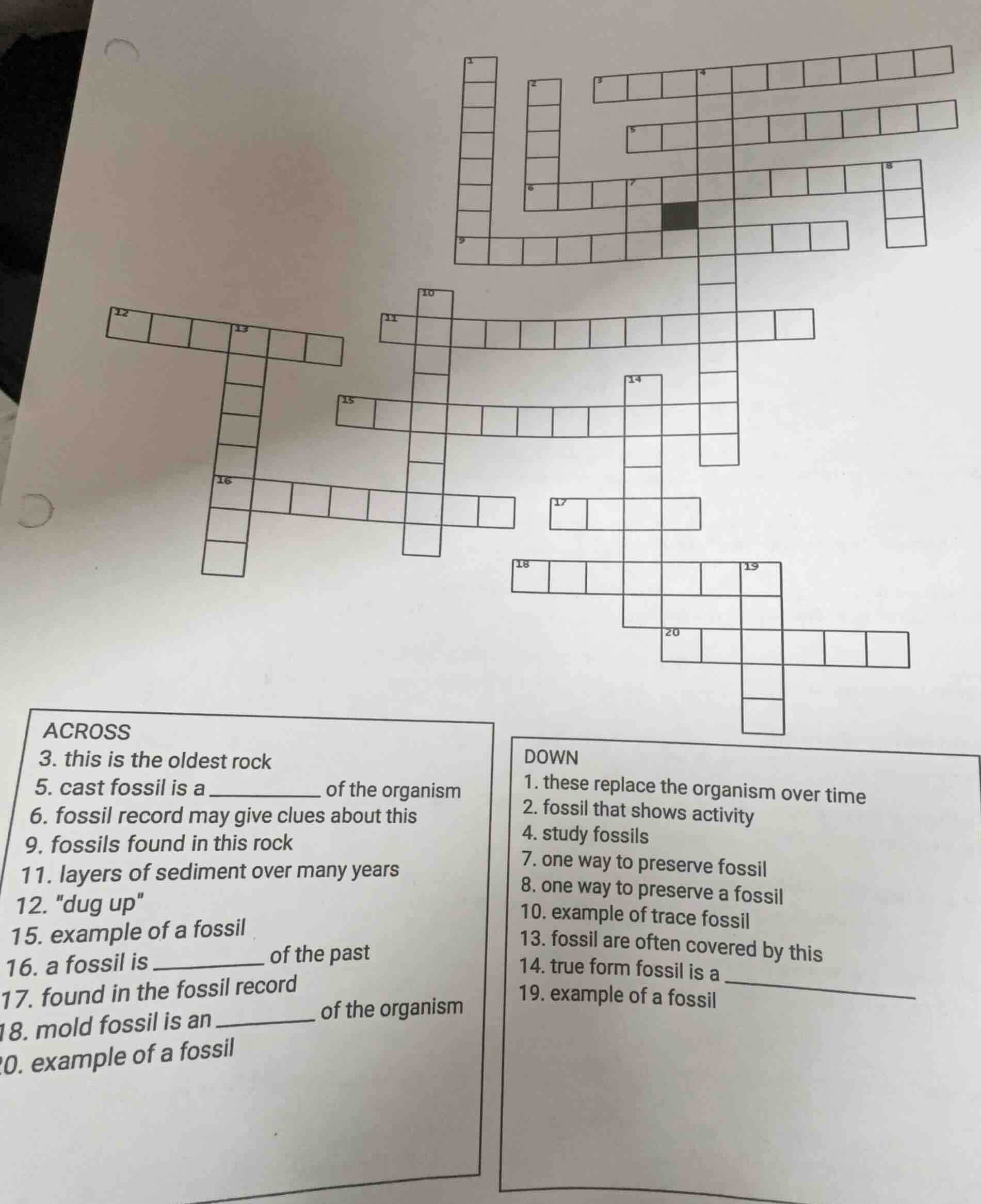 across 3. this is the oldest rock 5. cast fossil is a ________ of the o…