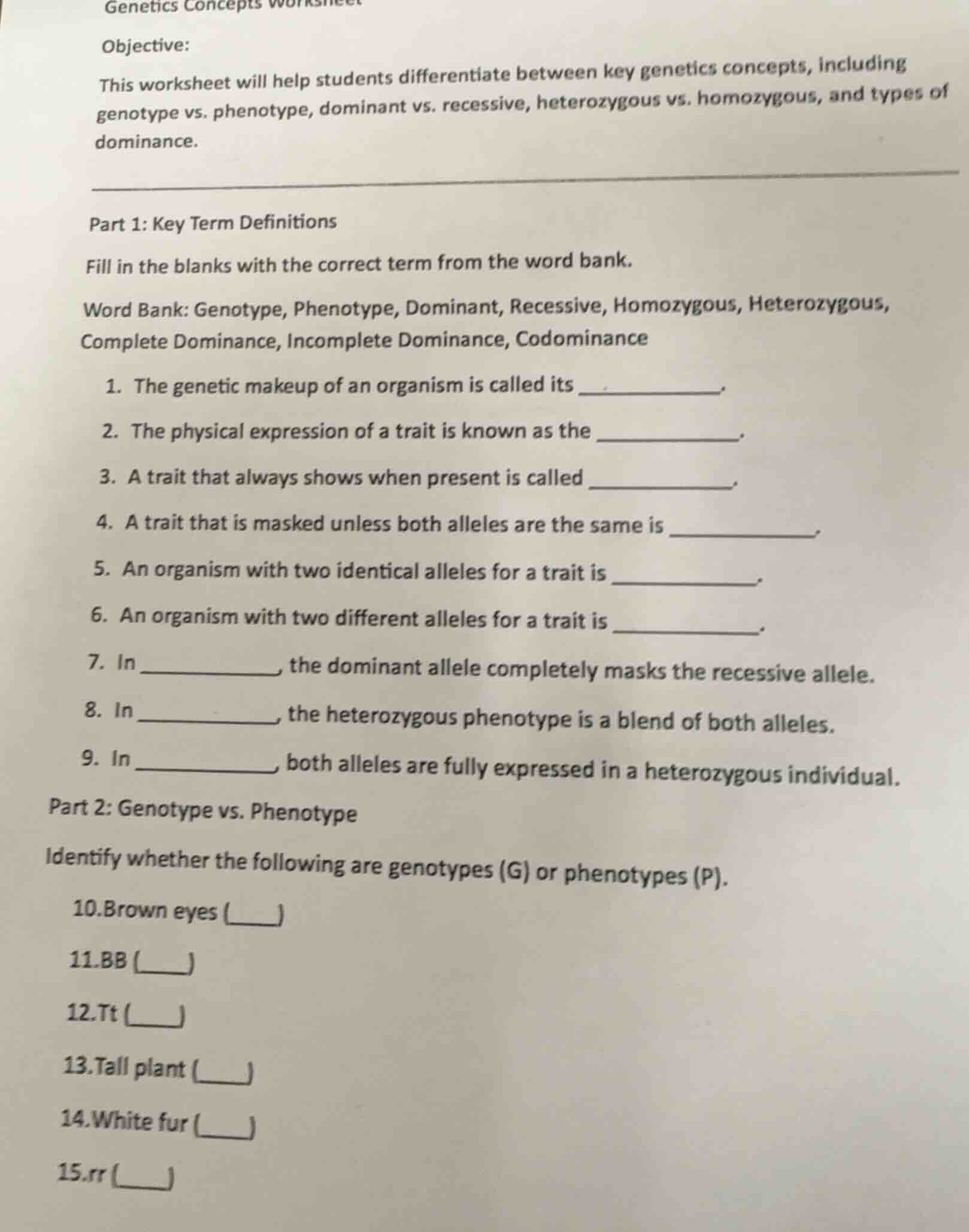 genetics concepts worksheet objective: this worksheet will help student…