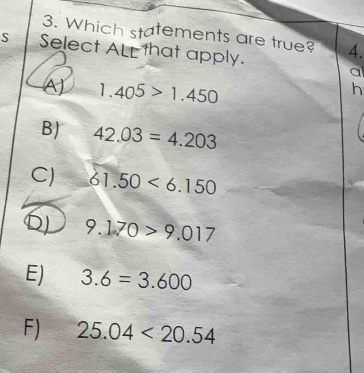 3. which statements are true? select all that apply. a) 1.405 > 1.450 b…