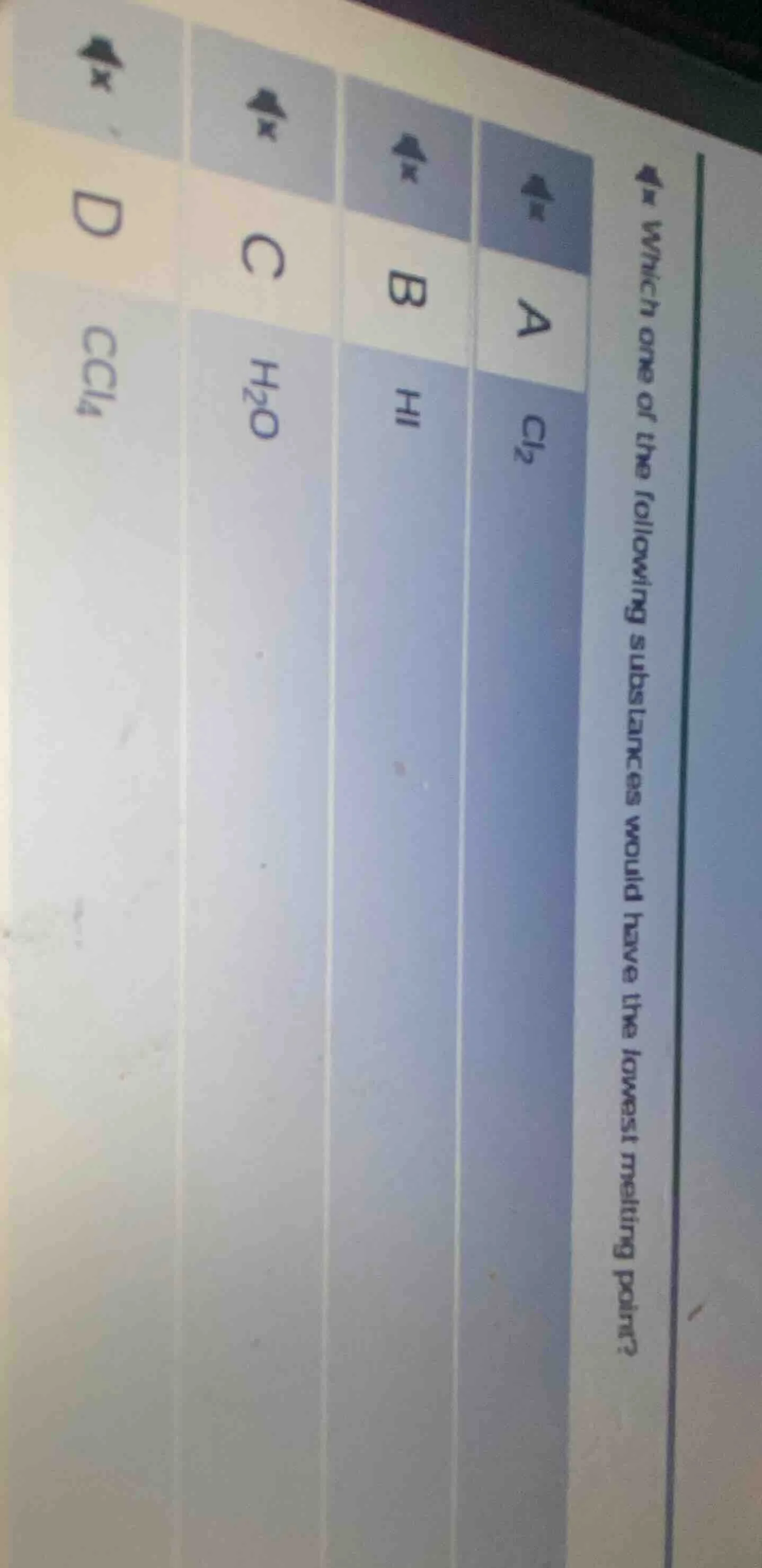 which one of the following substances would have the lowest melting poi…