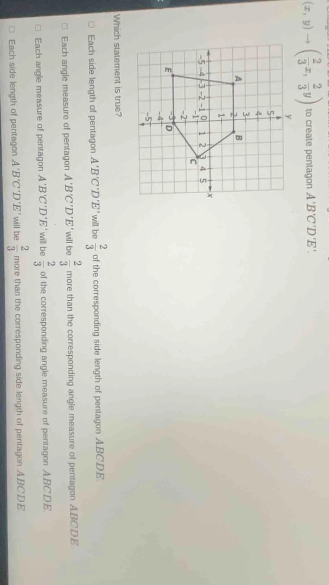 to create pentagon abcde.(x,y)→(\\frac{2}{3}x,\\frac{2}{3}y)which state…