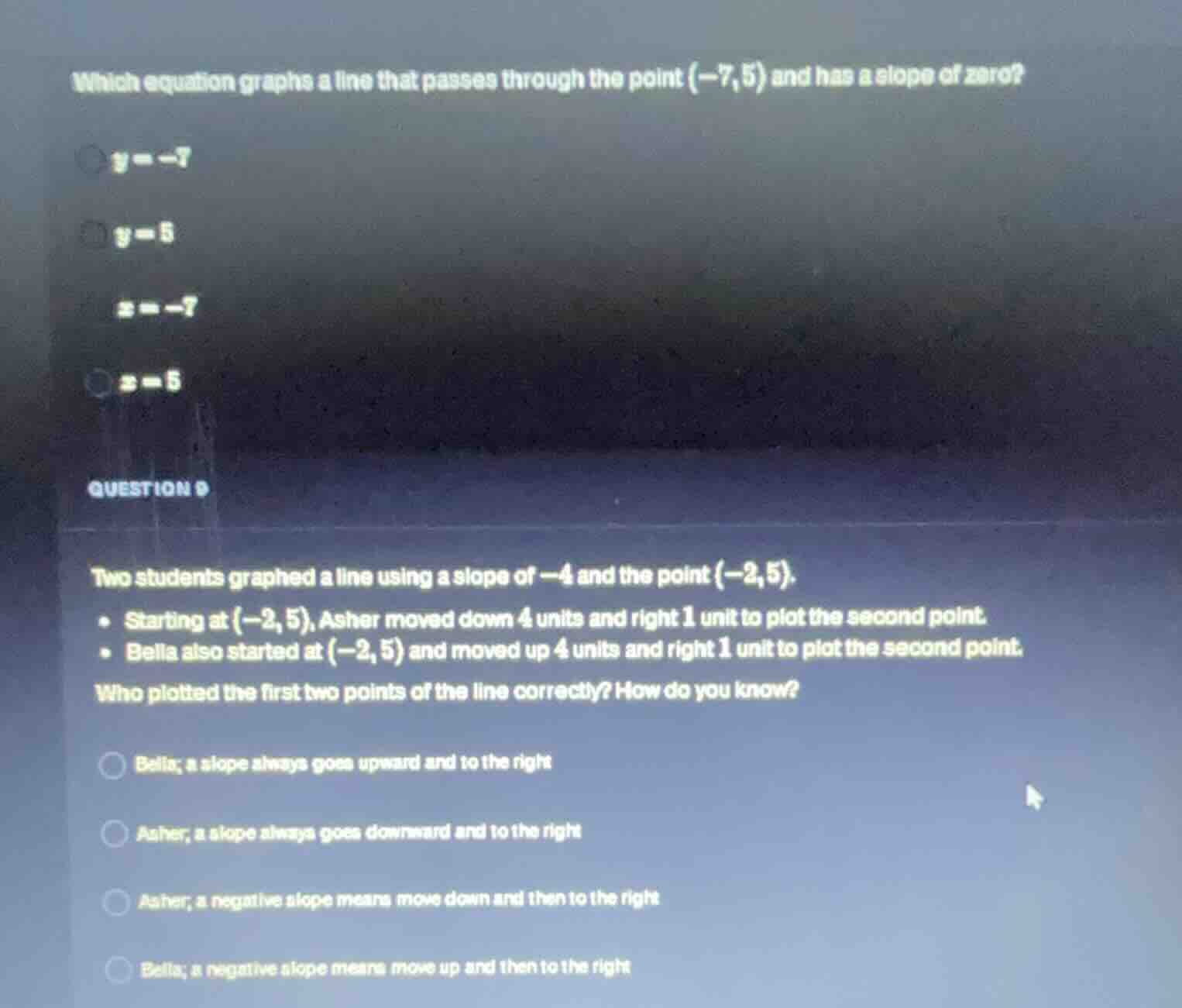 which equation graphs a line that passes through the point $(-7,5)$ and…