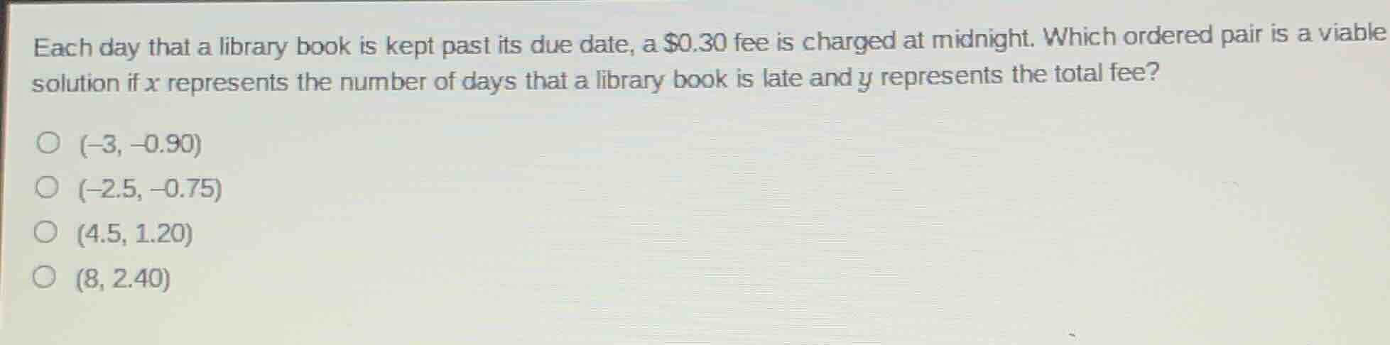 each day that a library book is kept past its due date, a $0.30 fee is …