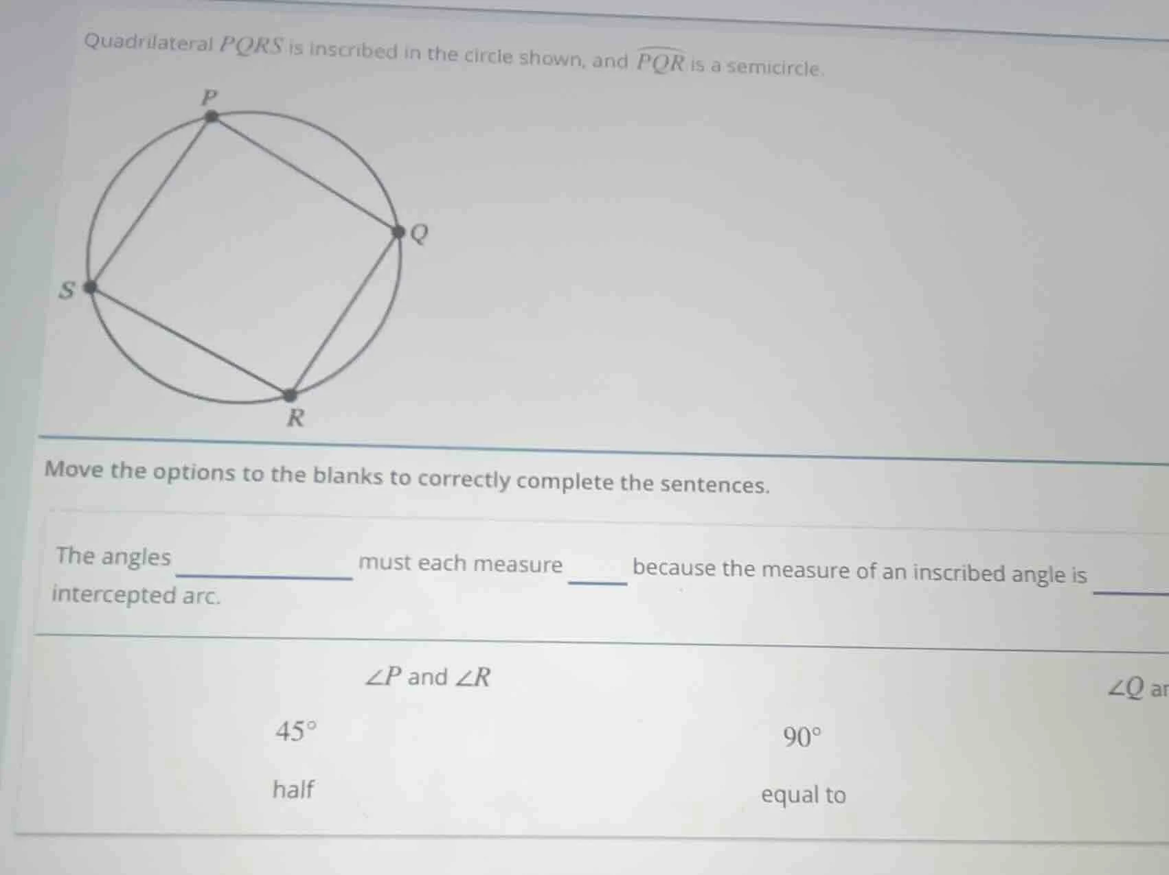 quadrilateral pqrs is inscribed in the circle shown, and \\(\\overarc{p…