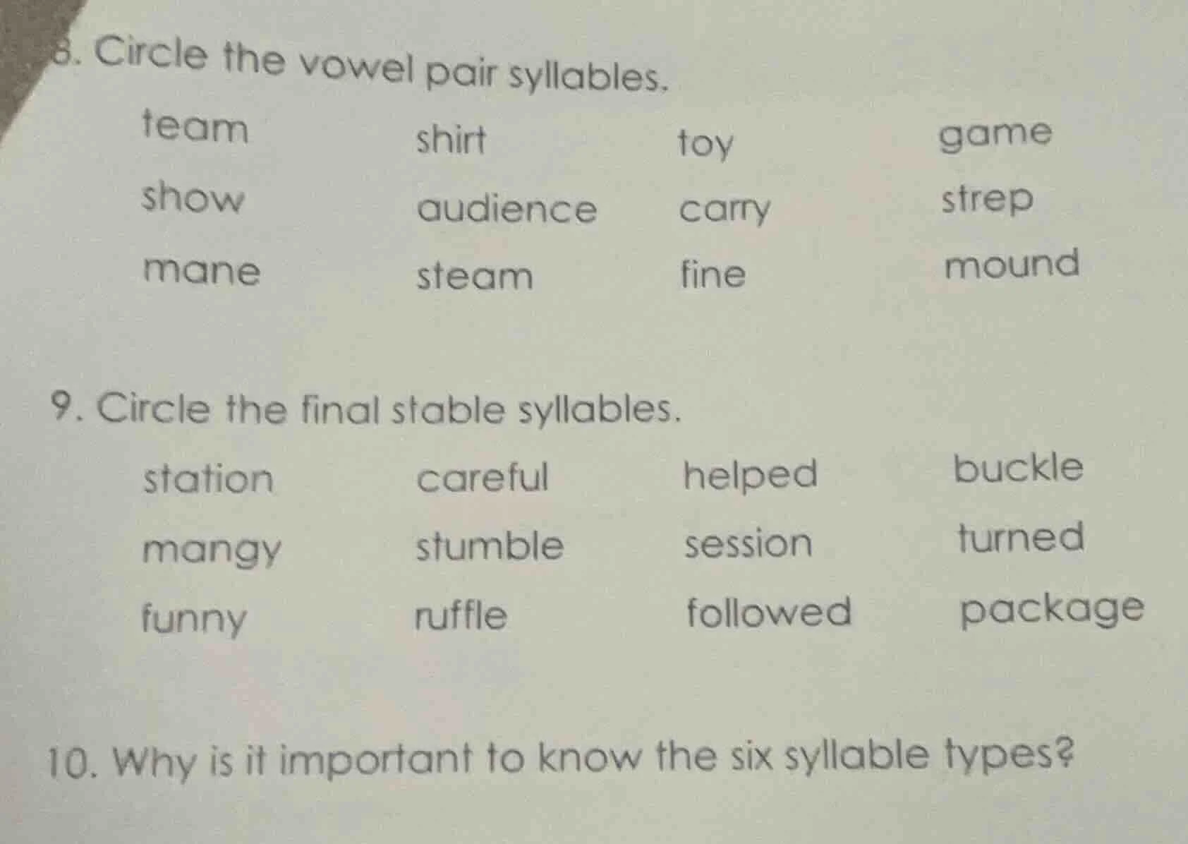 8. circle the vowel pair syllables. team shirt toy game show audience c…