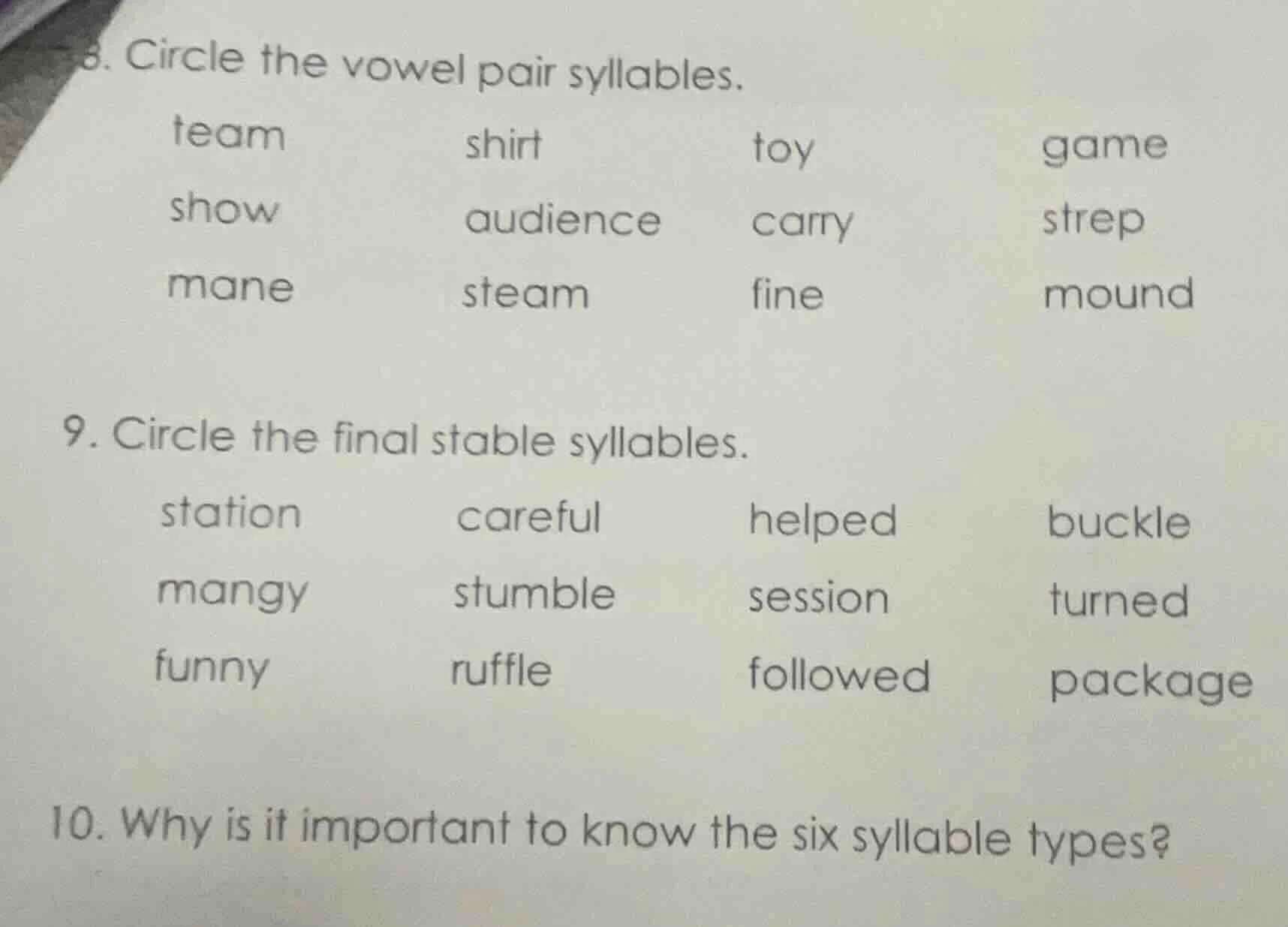 8. circle the vowel pair syllables. team shirt toy game show audience c…