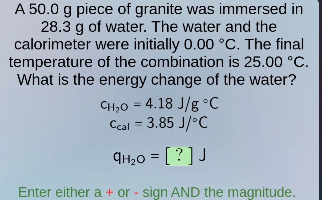 a 50.0 g piece of granite was immersed in 28.3 g of water. the water an…