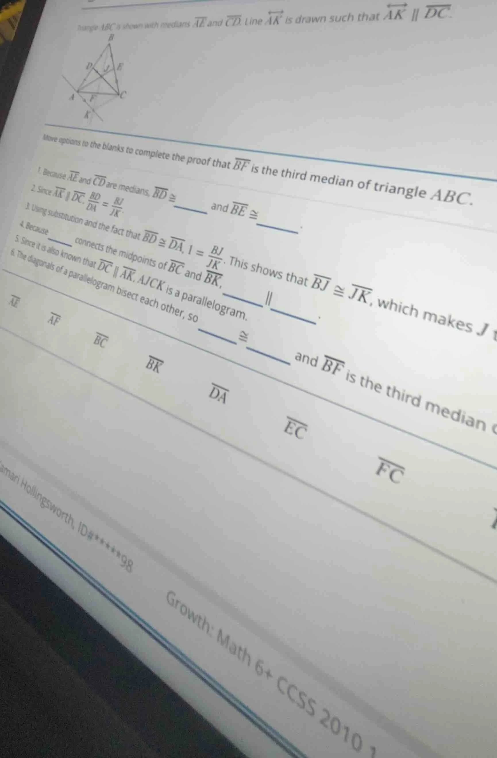 triangle ( abc ) is shown with medians ( overleftrightarrow{ae} ) and (…