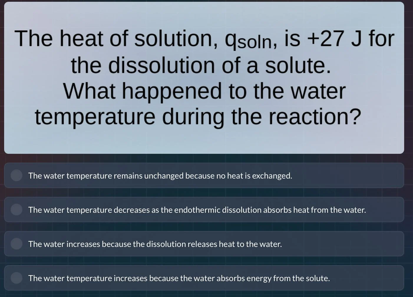the heat of solution, $q_{soln}$, is +27 j for the dissolution of a sol…