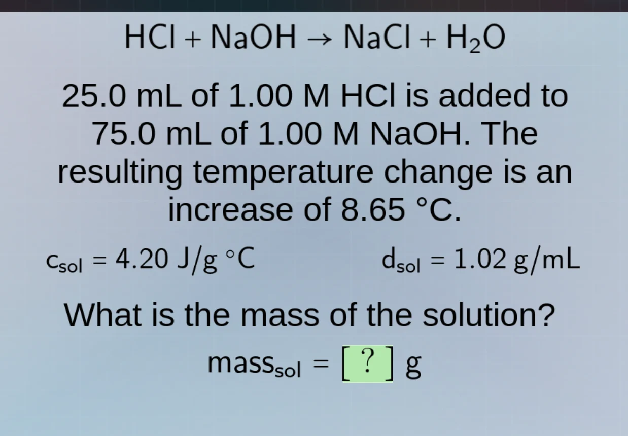 hcl + naoh → nacl + h₂o 25.0 ml of 1.00 m hcl is added to 75.0 ml of 1.…