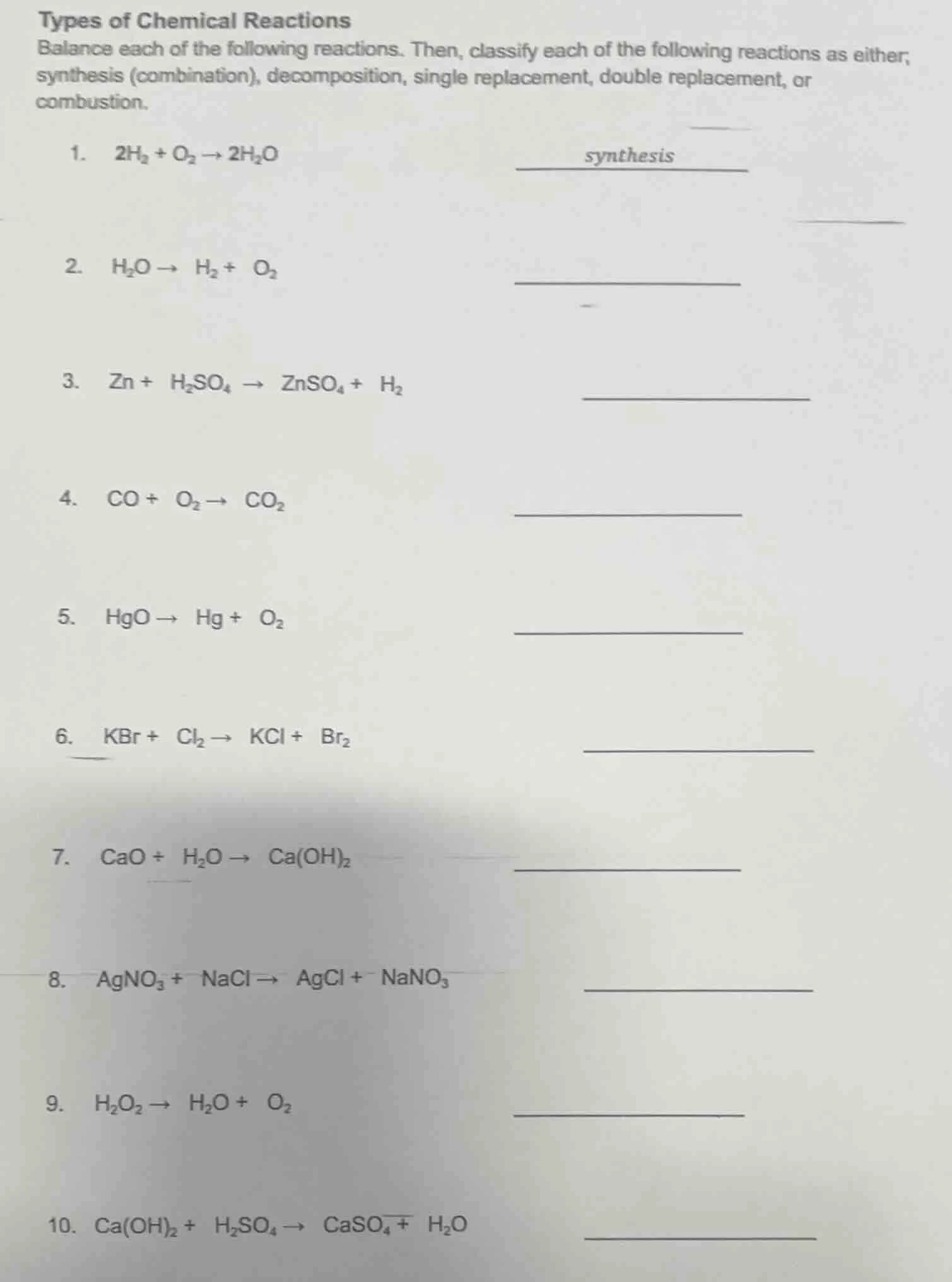 types of chemical reactions balance each of the following reactions. th…