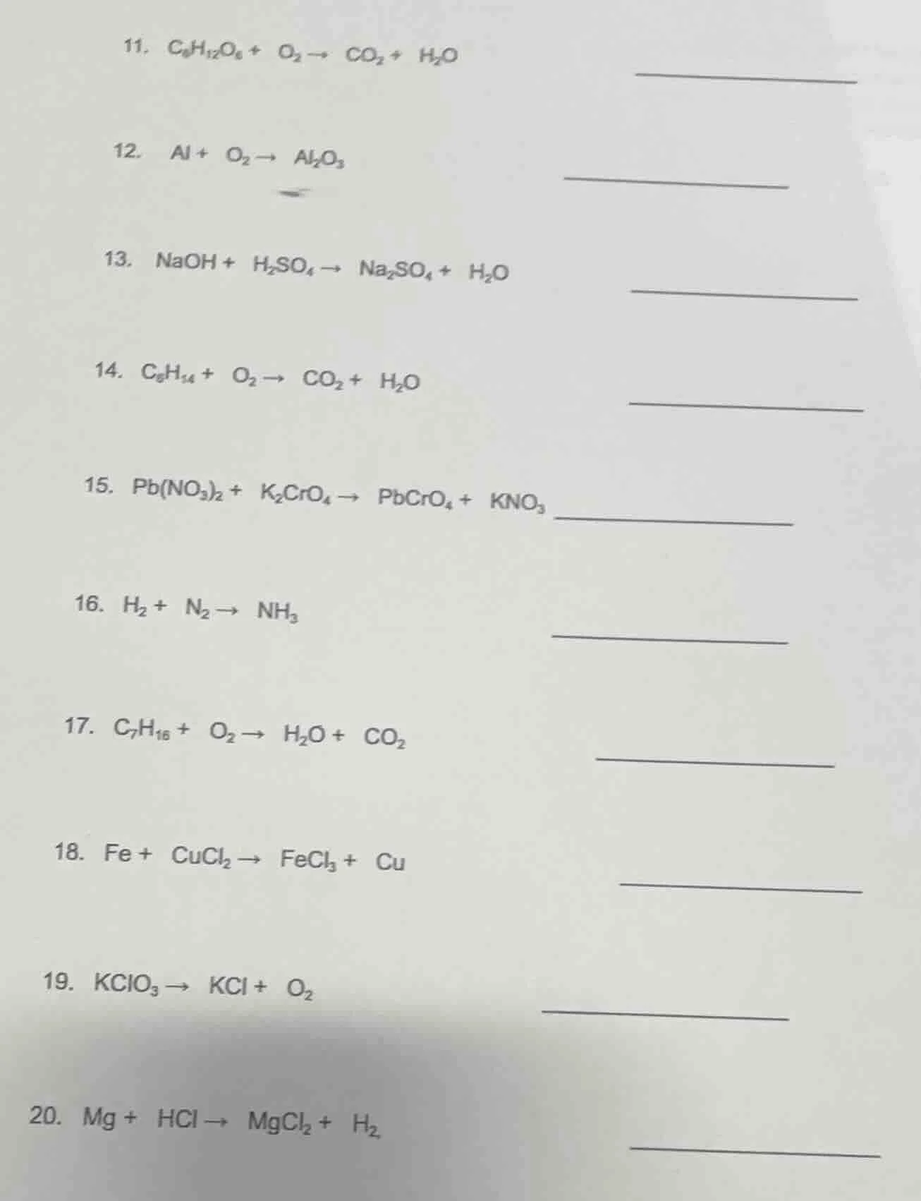 11. $c_6h_{12}o_6 + o_2 \ ightarrow co_2 + h_2o$ 12. $al + o_2 \ ightar…