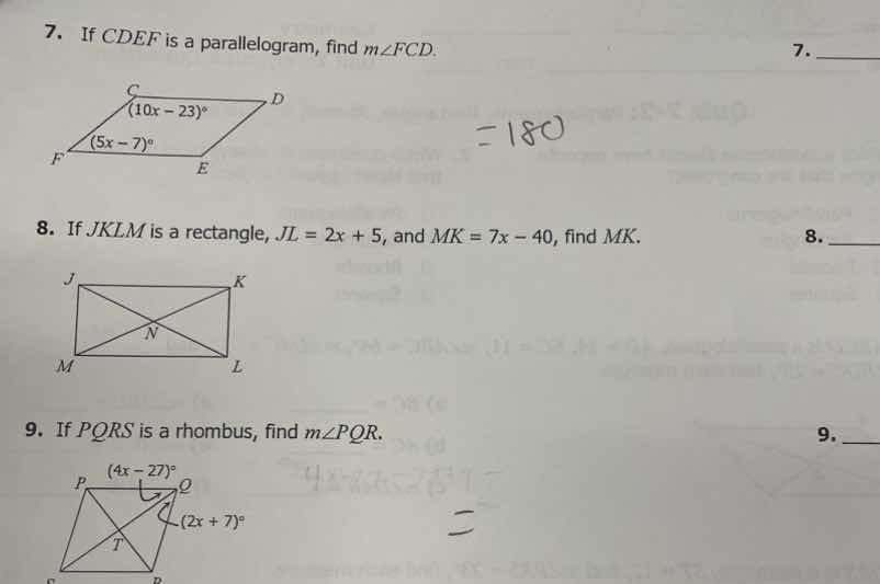 7. if cdef is a parallelogram, find ( mangle fcd ). 8. if jklm is a rec…
