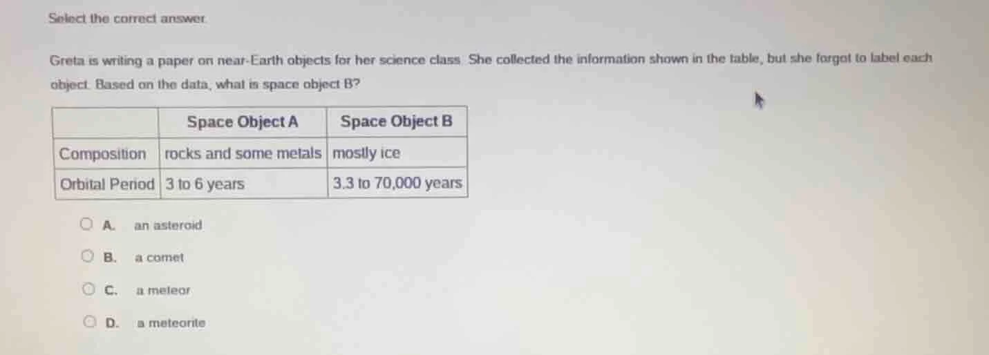 select the correct answer greta is writing a paper on near - earth obje…