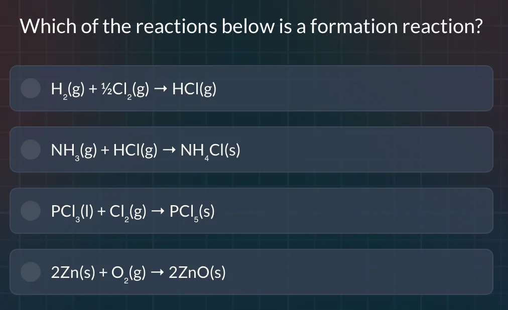 which of the reactions below is a formation reaction? h₂(g) + ½cl₂(g) →…