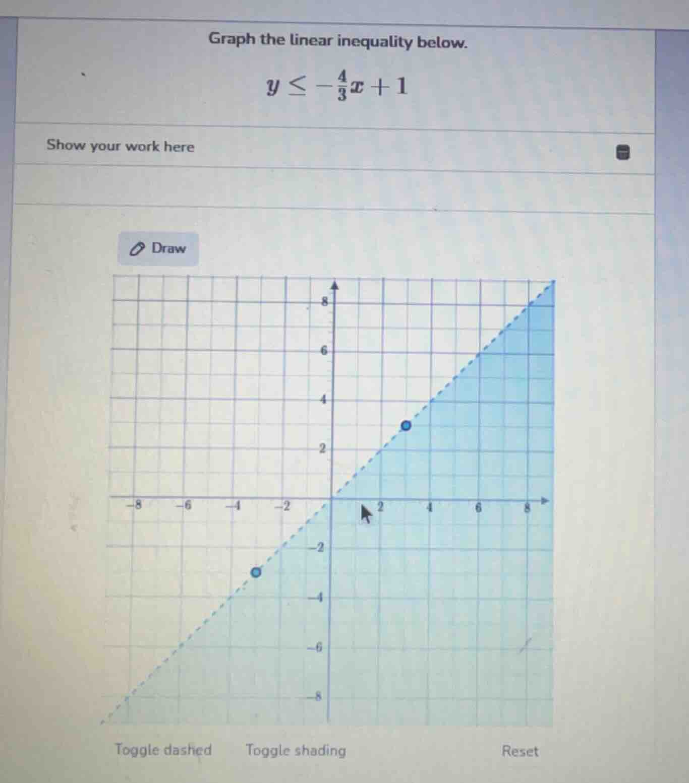 graph the linear inequality below. $y \\leq -\\frac{4}{3}x + 1$ show yo…