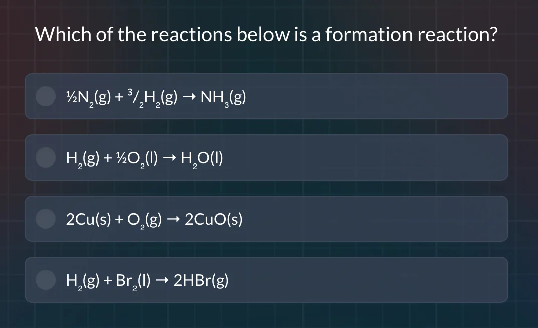 which of the reactions below is a formation reaction? ½n₂(g) + ³⁄₂h₂(g)…