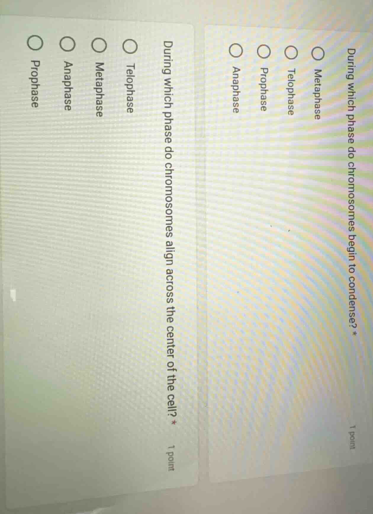 during which phase do chromosomes begin to condense? * 1 point \\(\\big…