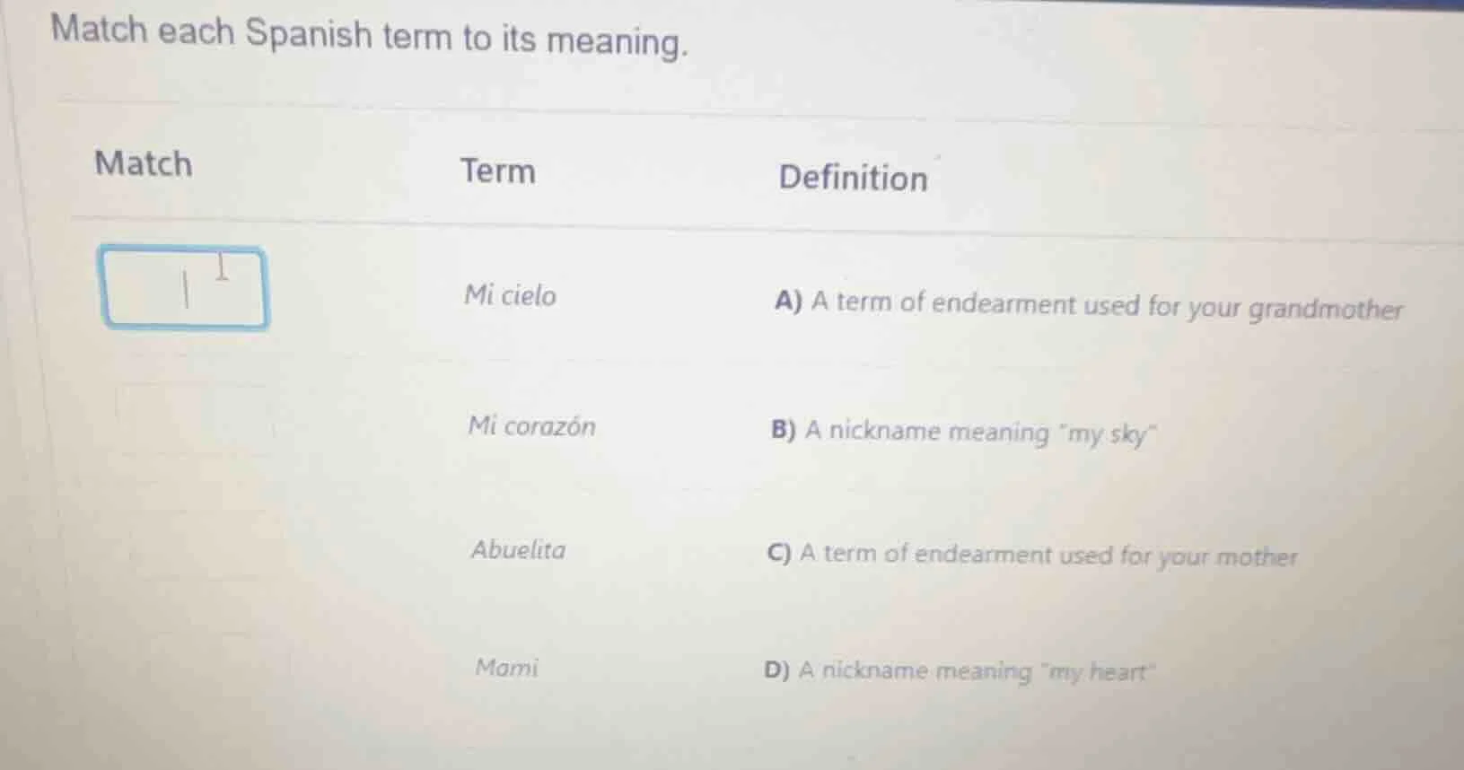 match each spanish term to its meaning. match\tterm\tdefinition 1\tmi c…