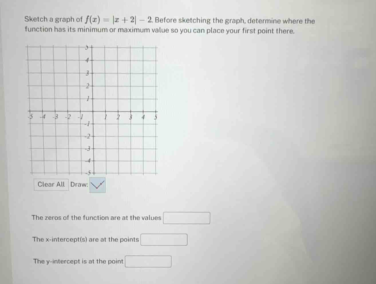 sketch a graph of $f(x)=|x + 2|-2$. before sketching the graph, determi…