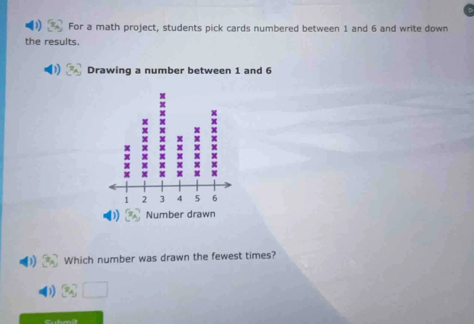 for a math project, students pick cards numbered between 1 and 6 and wr…